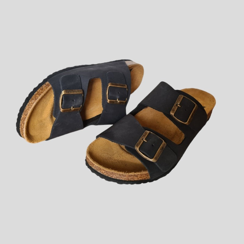 Correas Chanclas Hombre Piel Sandalia De Piel Negra Con Doble