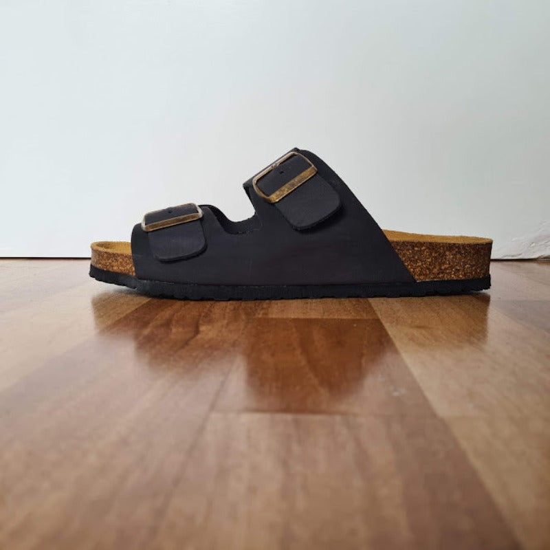 Sandalia de piel Negra con doble hebilla - Casual