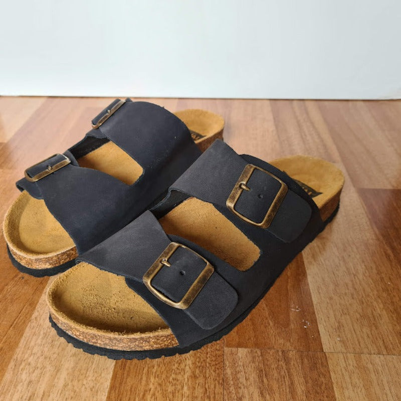 Sandalia de piel Negra con doble hebilla - Casual