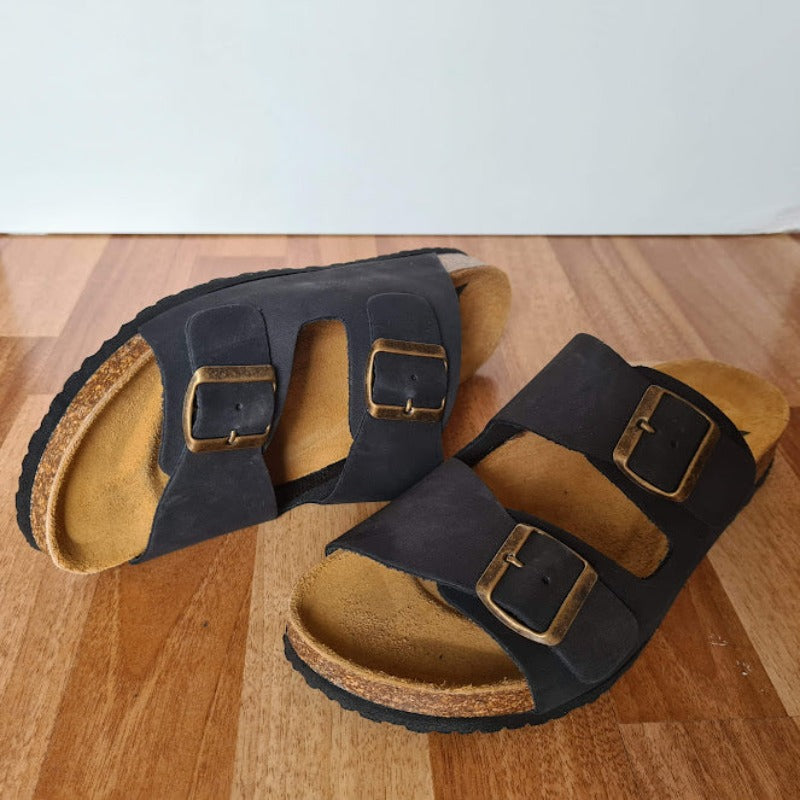 Sandalia de piel Negra con doble hebilla - Casual