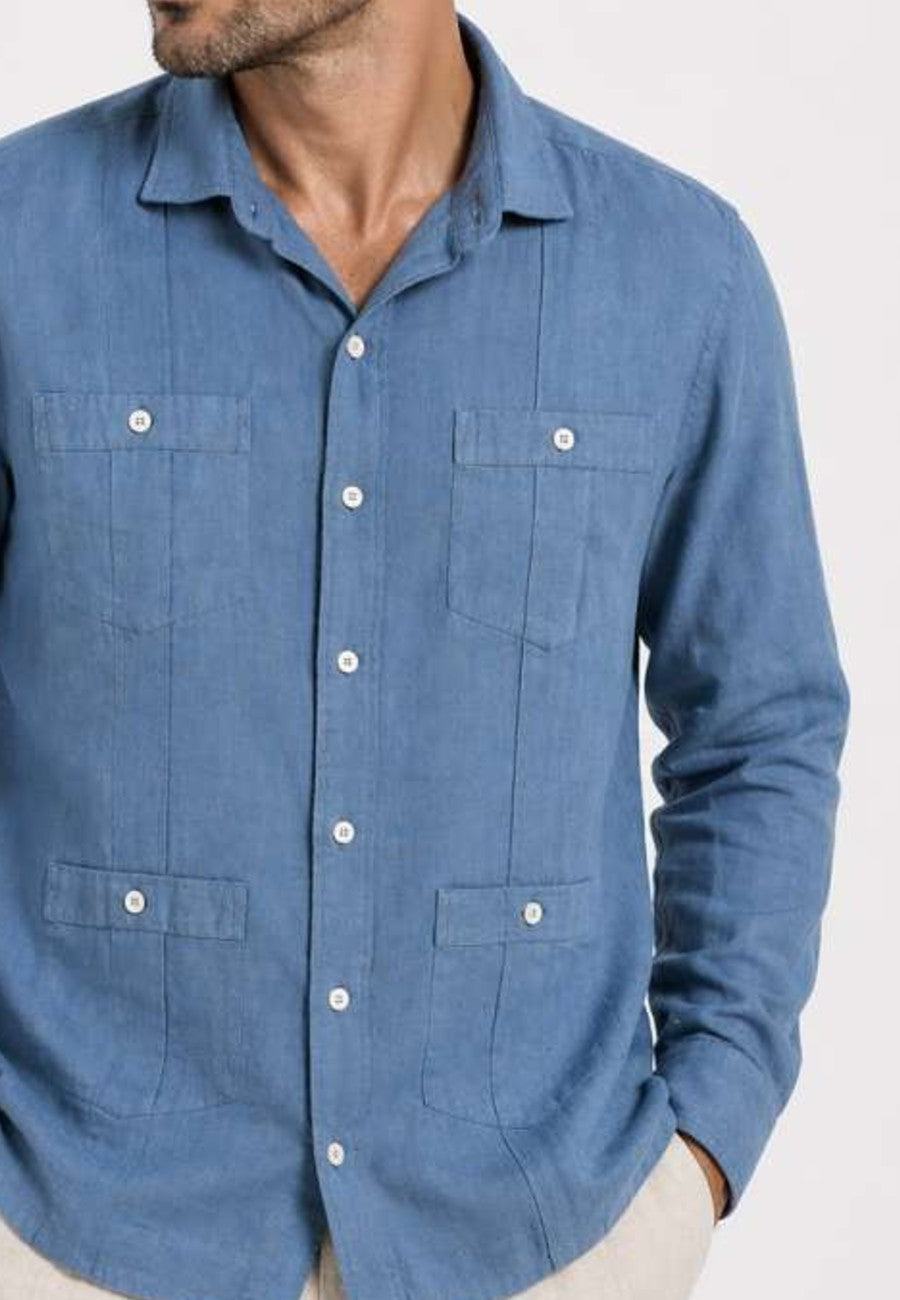 Camisa guayabera de sastrería en lino color azul petroleo - hasta la talla 6XL