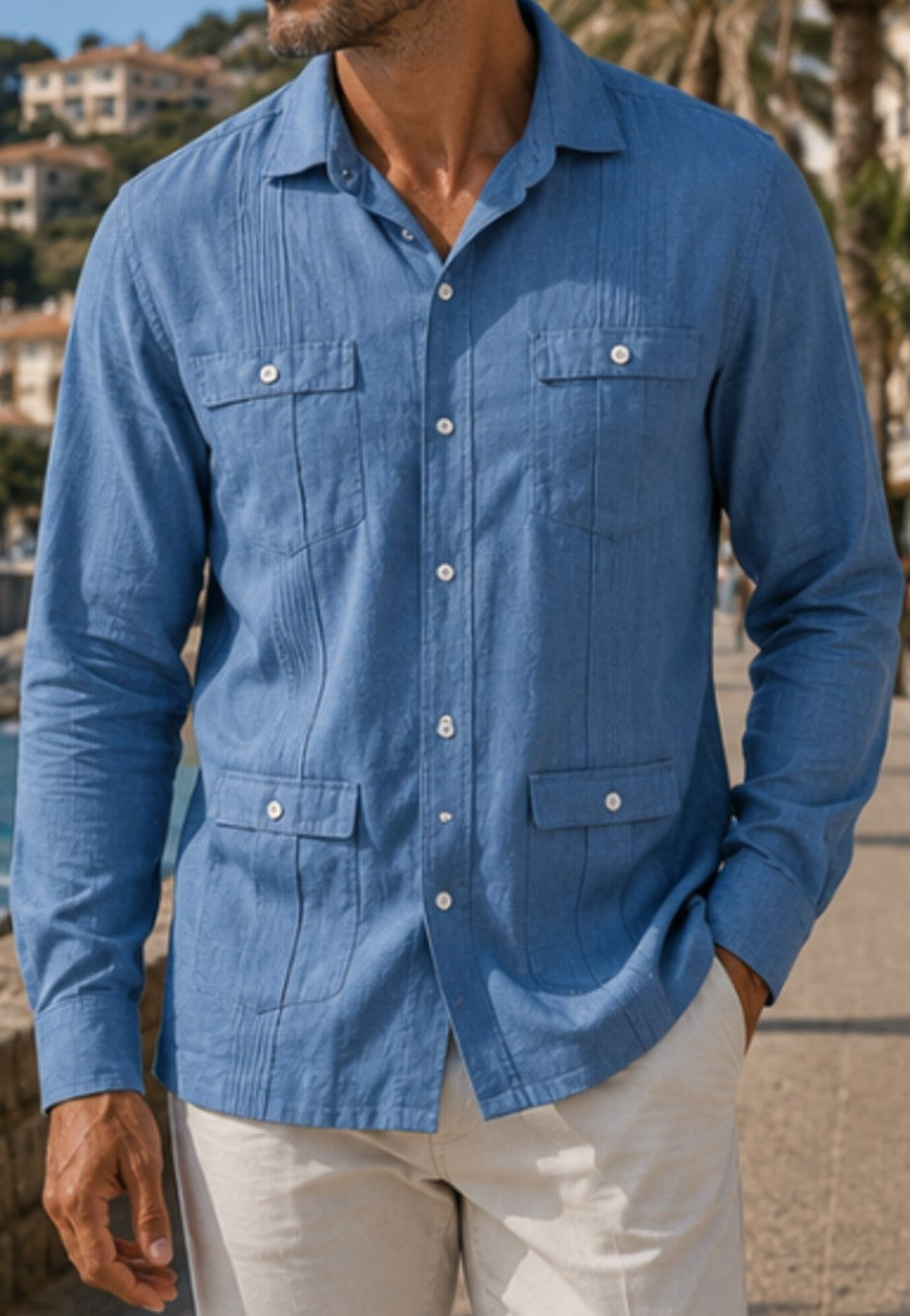 Camisa guayabera de sastrería en lino color azul petroleo - hasta la talla 6XL