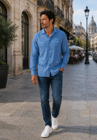 Camisa guayabera de sastrería en lino color azul petroleo - hasta la talla 6XL