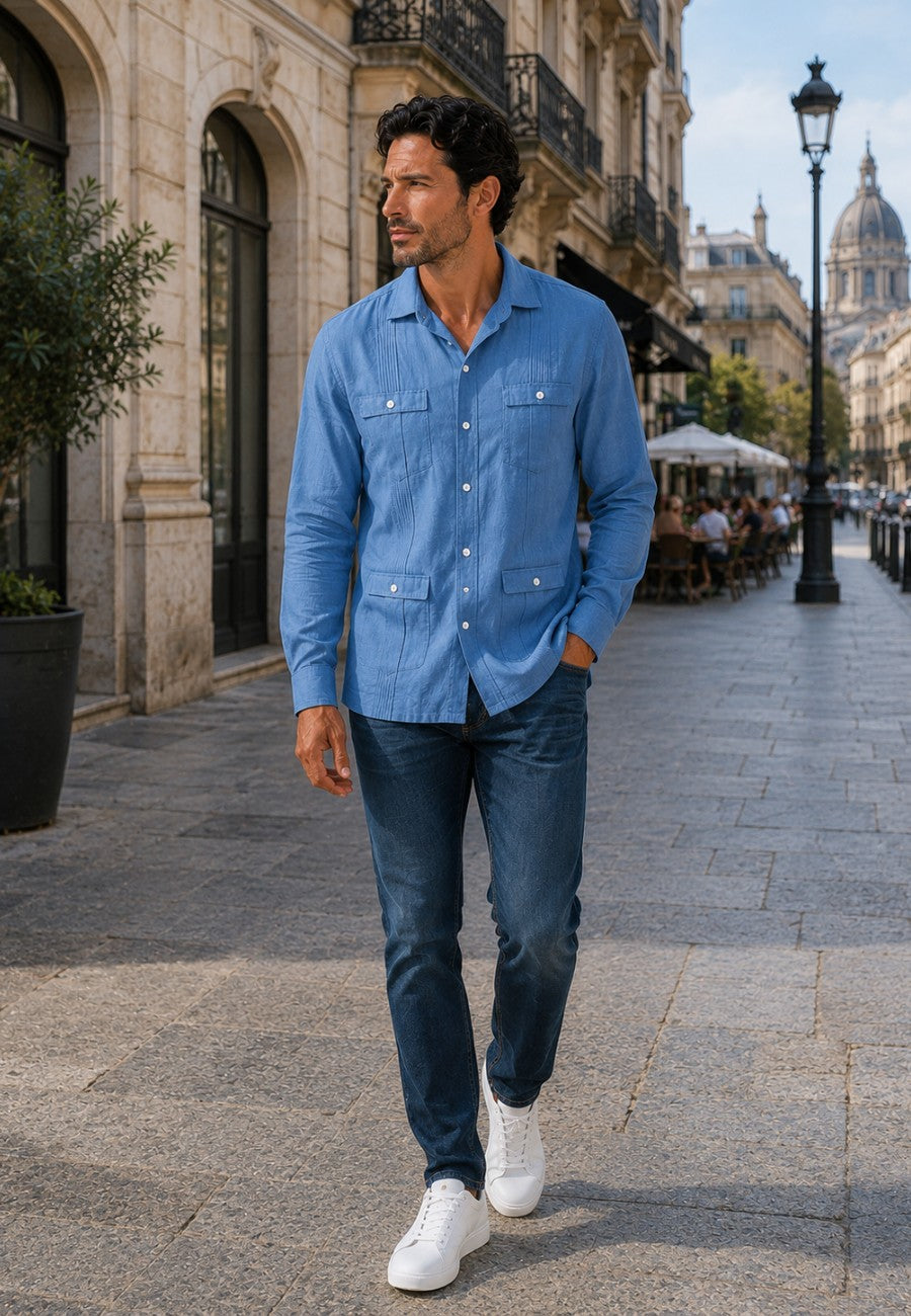 Camisa guayabera de sastrería en lino color azul petroleo - hasta la talla 6XL