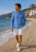 Camisa guayabera de sastrería en lino color azul petroleo - hasta la talla 6XL