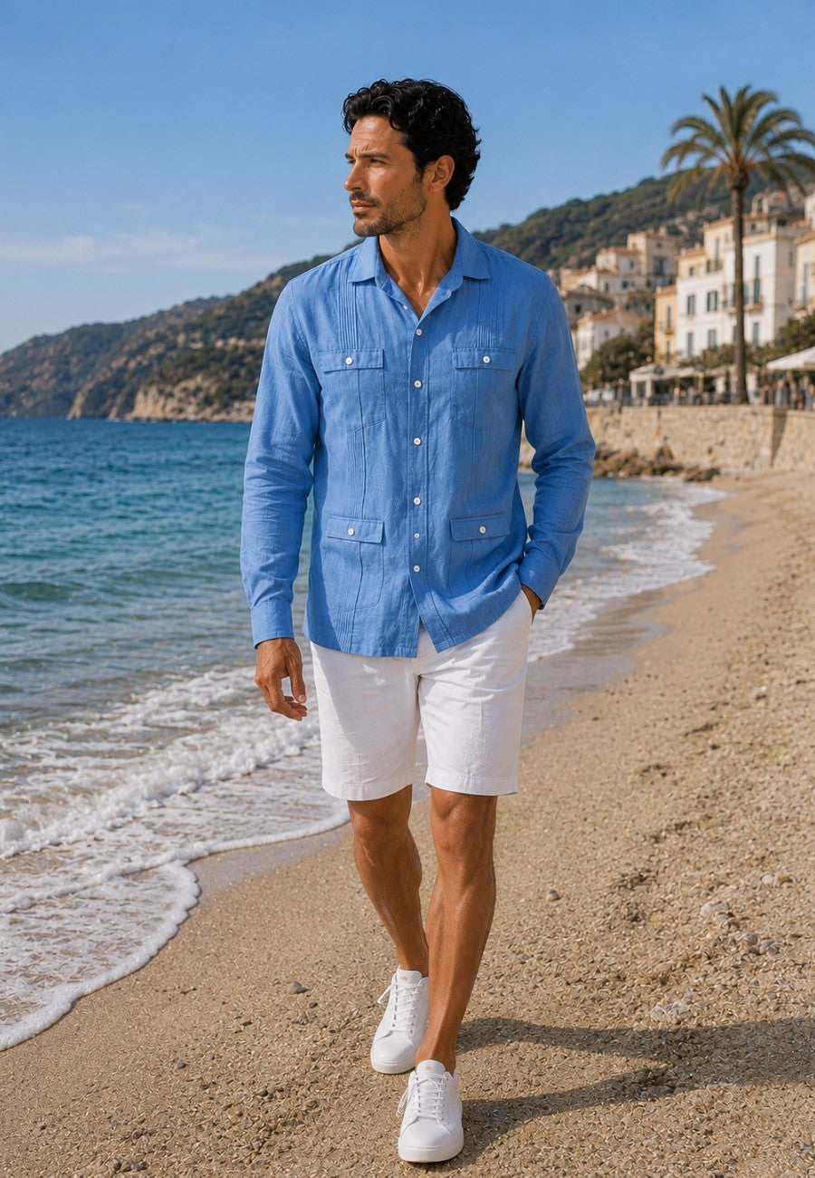 Camisa guayabera de sastrería en lino color azul petroleo - hasta la talla 6XL