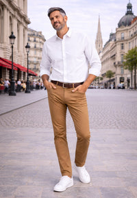 Pantalón tejano de tiro alto elástico Bahía color tostado