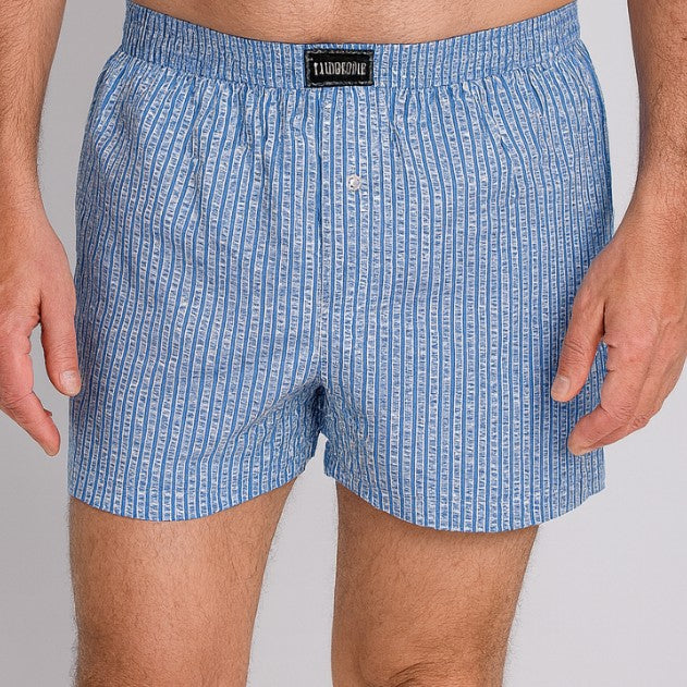 Boxer de tela en dibujos geometricos celestes