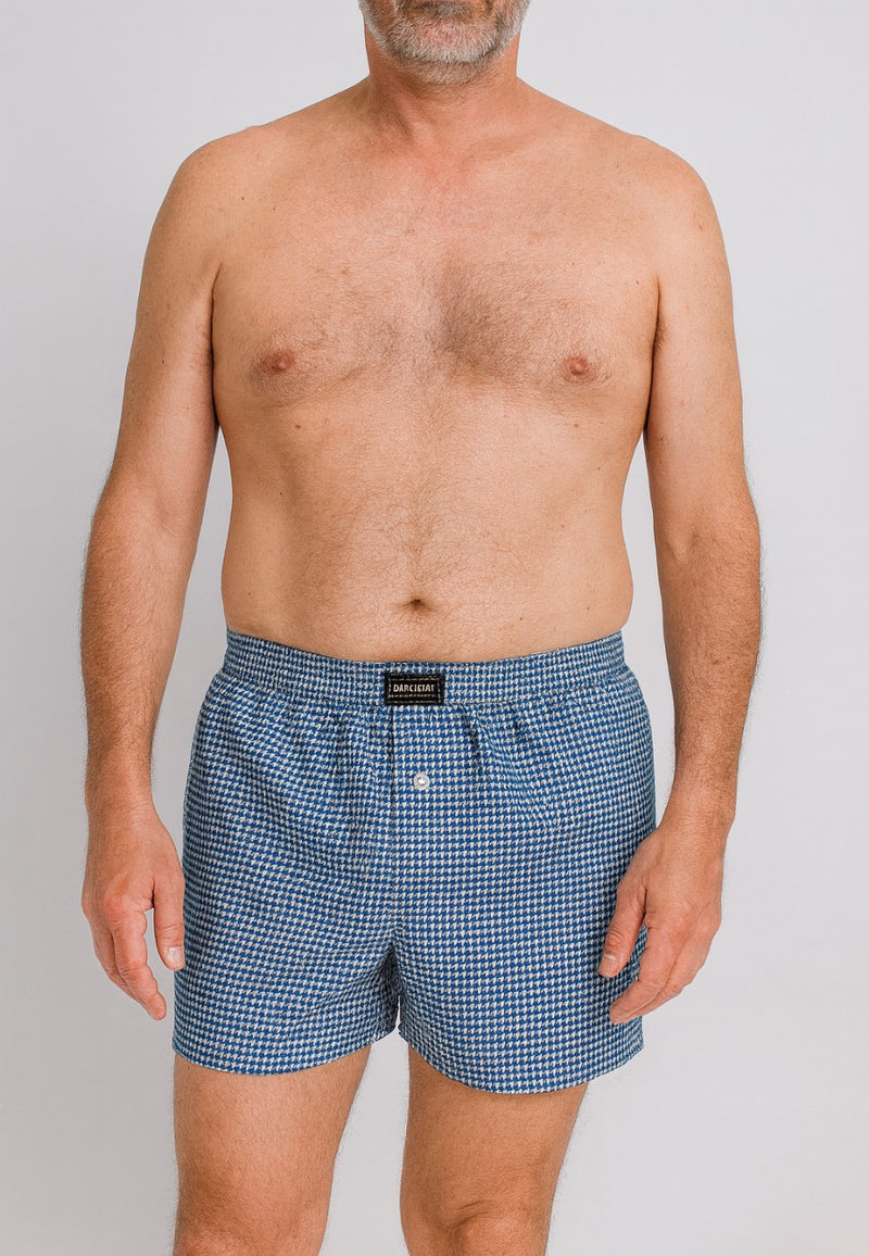 Boxer de tela en dibujos geometricos  bolas azules Tallas L a 5XL