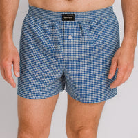 Boxer de tela en dibujos geometricos  bolas azules Tallas L a 5XL