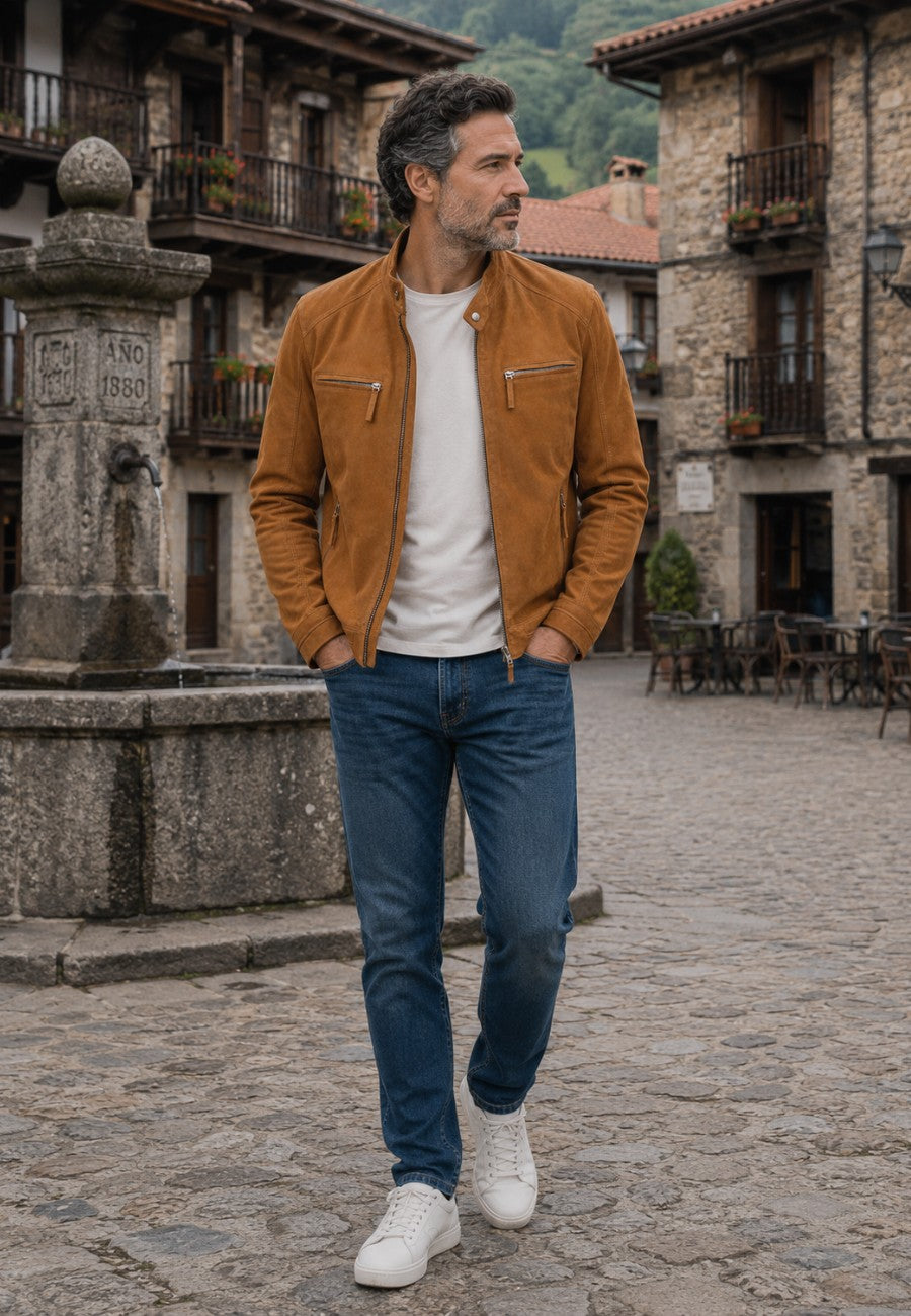 Chaqueta artesanal de ante modelo Potes – whisky, en pueblo del norte de España. 