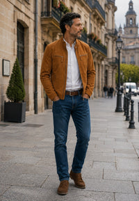 Chaqueta artesanal de ante modelo Potes – whisky, en ciudad europea