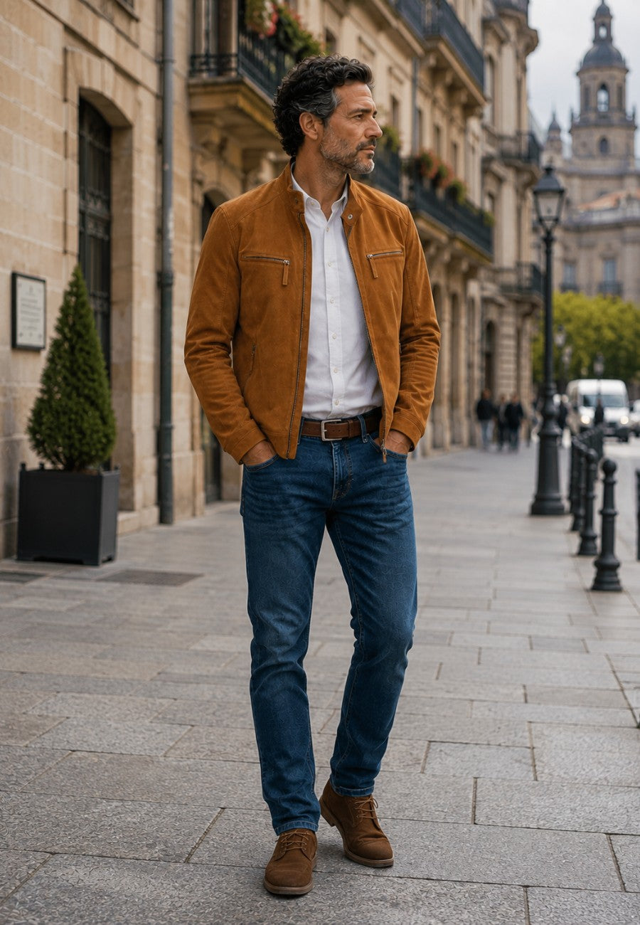 Chaqueta artesanal de ante modelo Potes – whisky, en ciudad europea