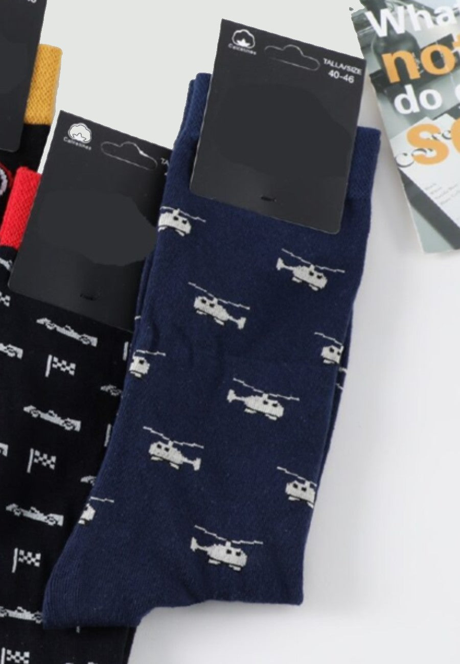 Calcetin de algodón para hombre en varios colores y dibujos helipcoctero 