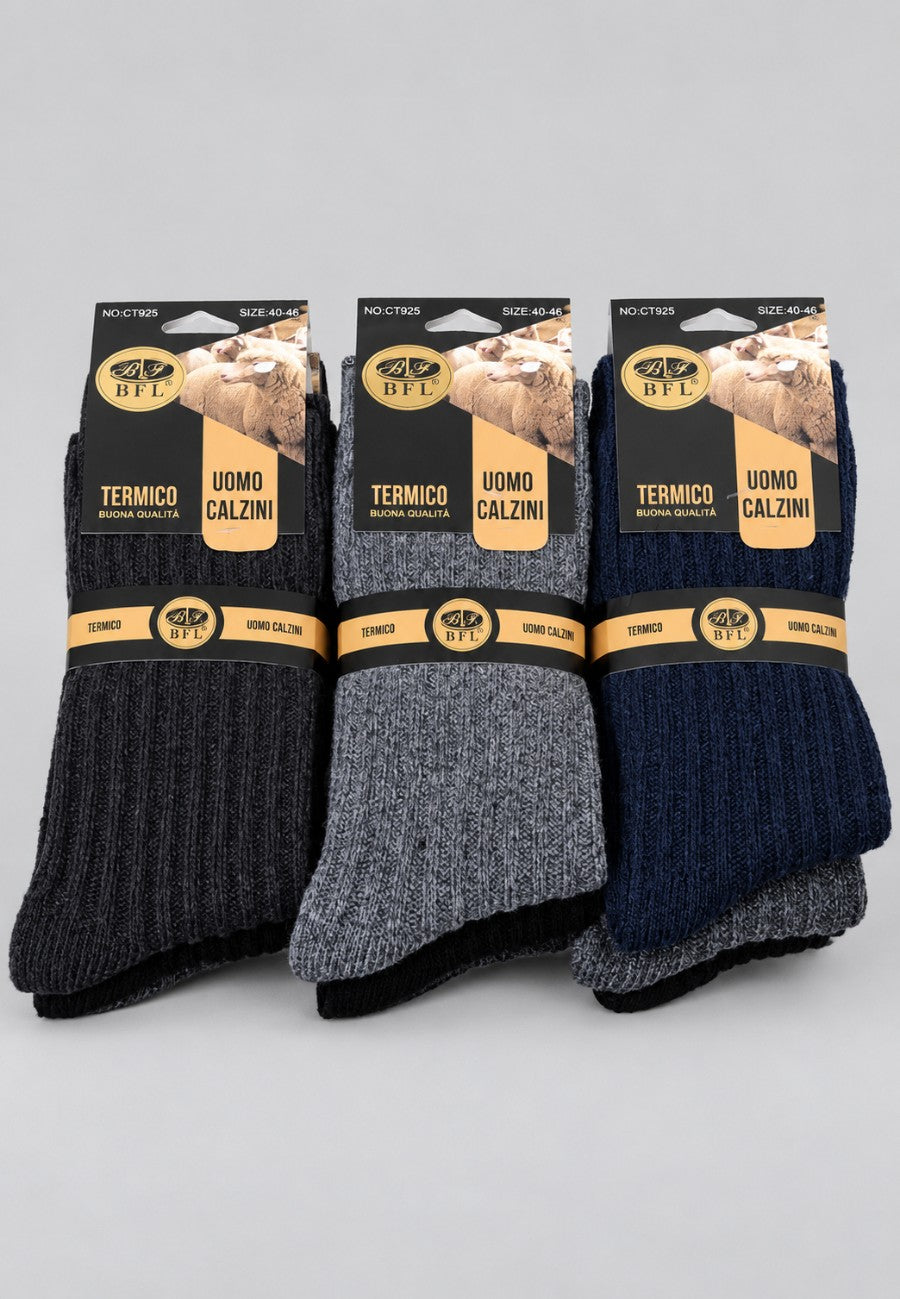 Pack de 3 Calcetines térmicos de lana, canalado para hombre