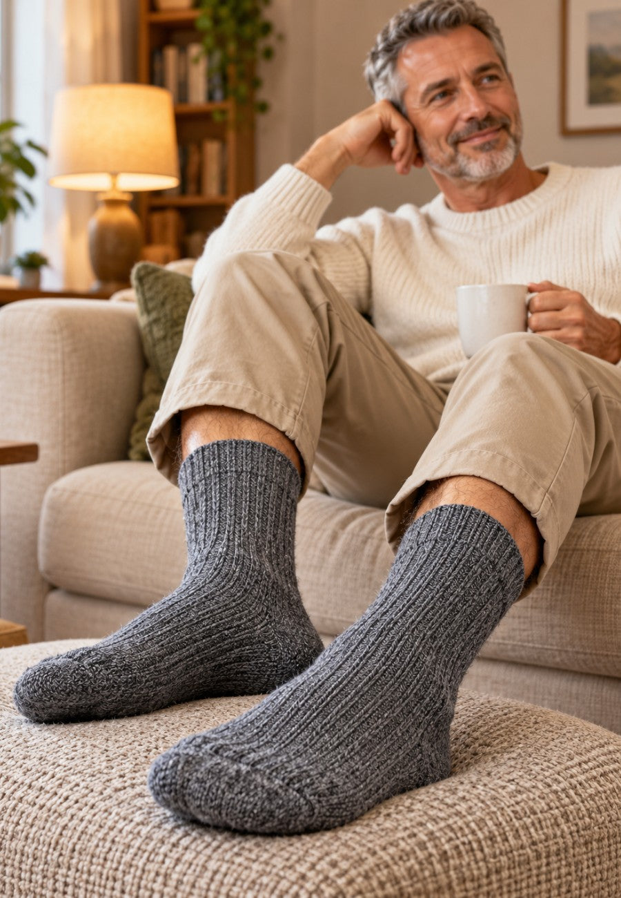 Hombre sentado con los Pack de 3 Calcetines térmicos de lana, canalado para hombre