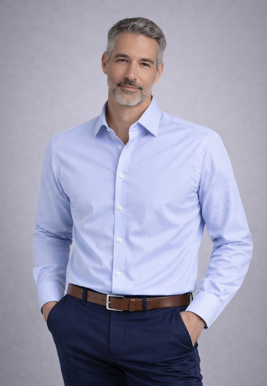 Camisa de vestir de sastrería hecha a mano, fil a fil, color celeste