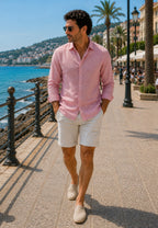 Camisa de lino de sastrería, hecha a mano. Maquillaje, paseando por paseo marítimo y de cara