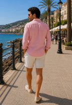 Camisa de lino de sastrería, hecha a mano. Maquillaje, paseando por paseo maritimo