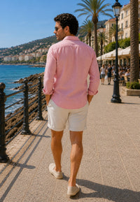 Camisa de lino de sastrería, hecha a mano. Maquillaje, paseando por paseo maritimo