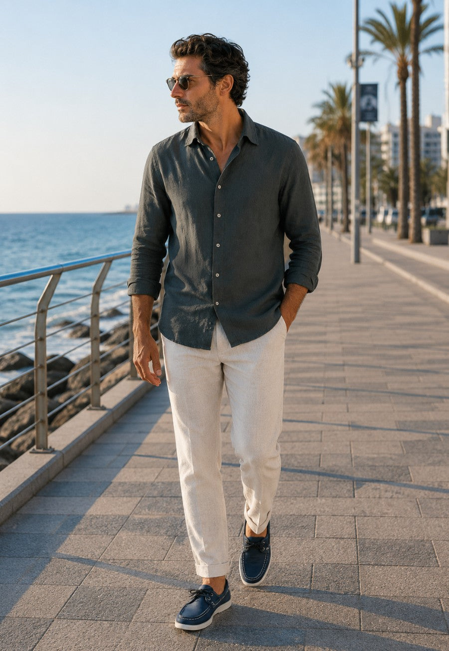 Camisa de lino de sastrería, hecha a mano. Gris Marengo