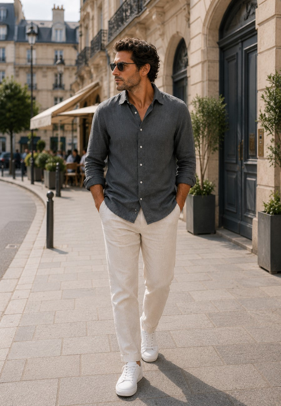 Camisa de lino de sastrería, hecha a mano. Gris Marengo