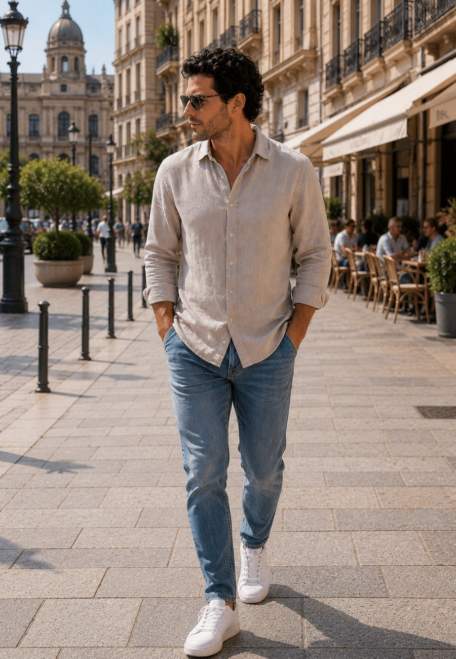 Camisa de lino de sastrería, hecha a mano. color pasto, en ciudad europea