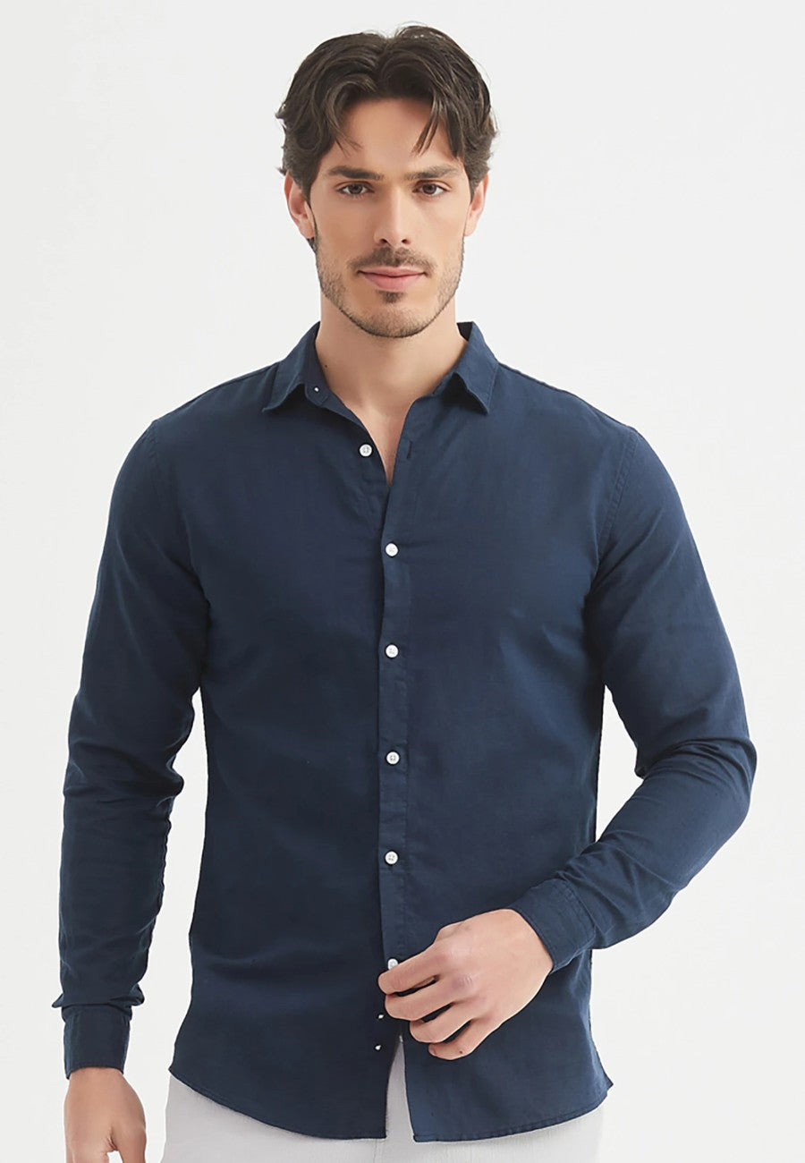 Camisa azul marino de Lino 100x100 para hombre