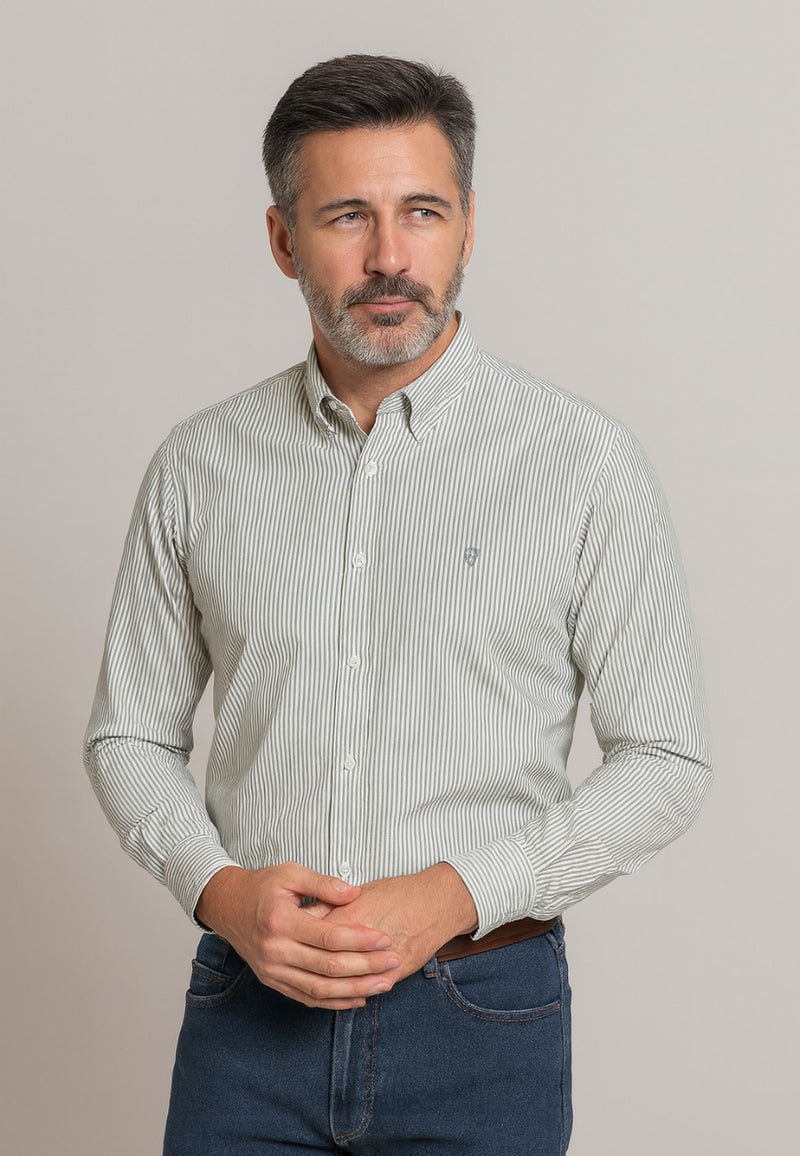 Camisa Oxford manga larga de hombre en color rayas verde