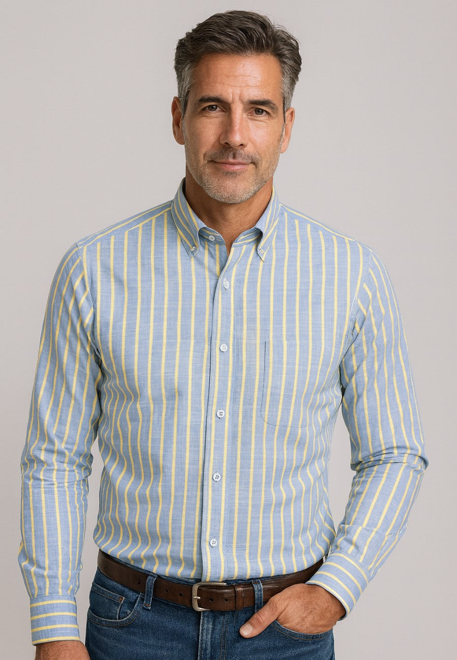 Camisa de algodón para hombre Fil à Fil Azul y Amarilla