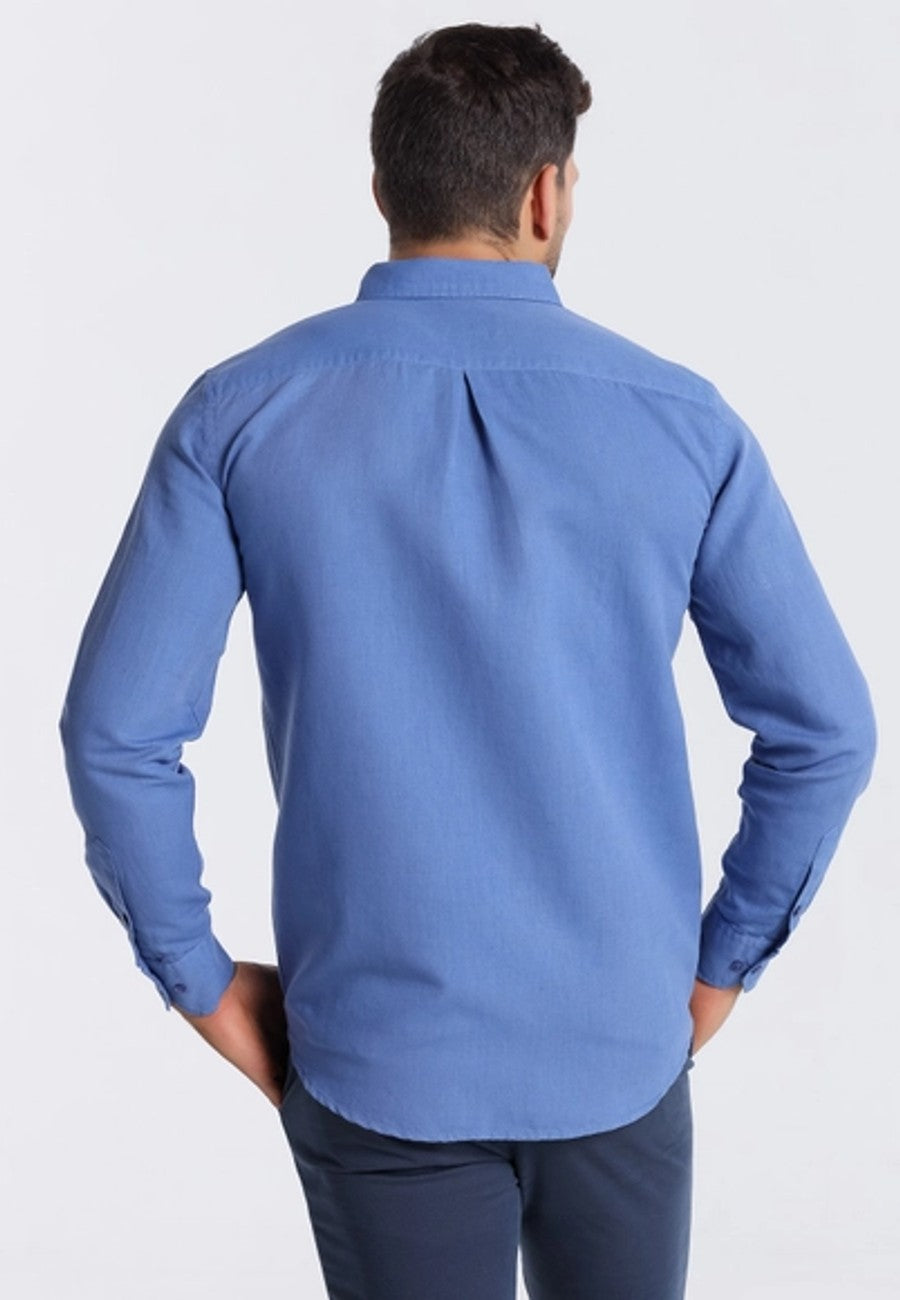 Camisa azul de hombre manga larga de lino y algodón