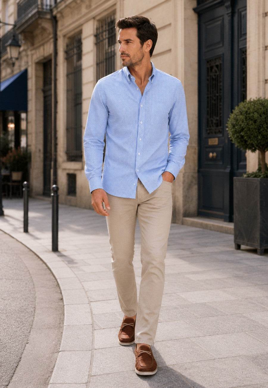 Camisa cuadros celestes con bolsillo