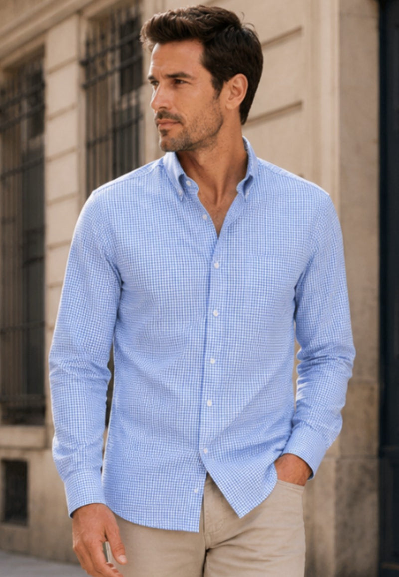 Camisa cuadros celestes con bolsillo