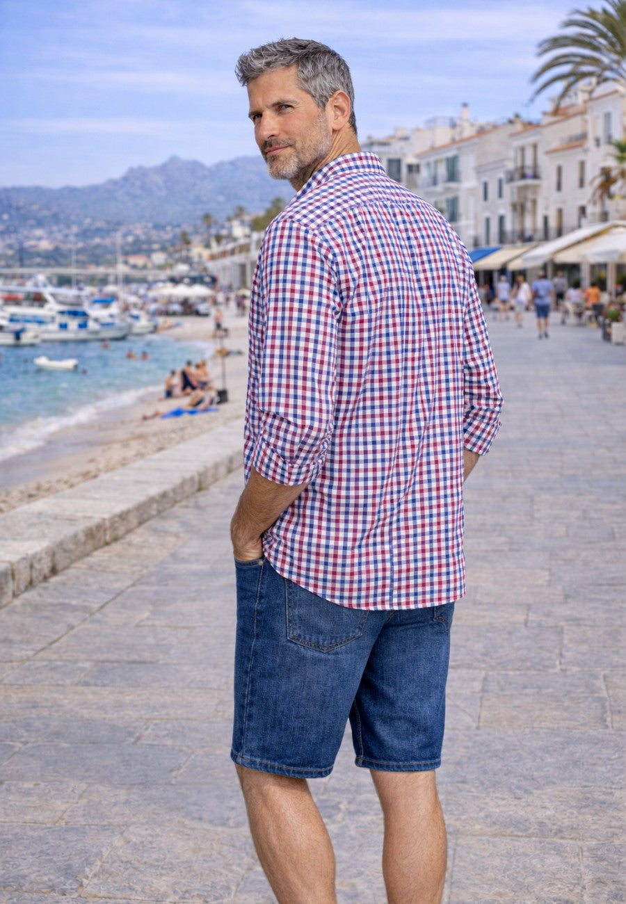 Camisa casual de verano con cuadros granates