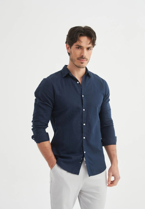 Camisa azul marino de Lino 100x100 para hombre