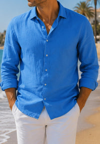 Camisa de lino de sastrería, hecha a mano azul ducado