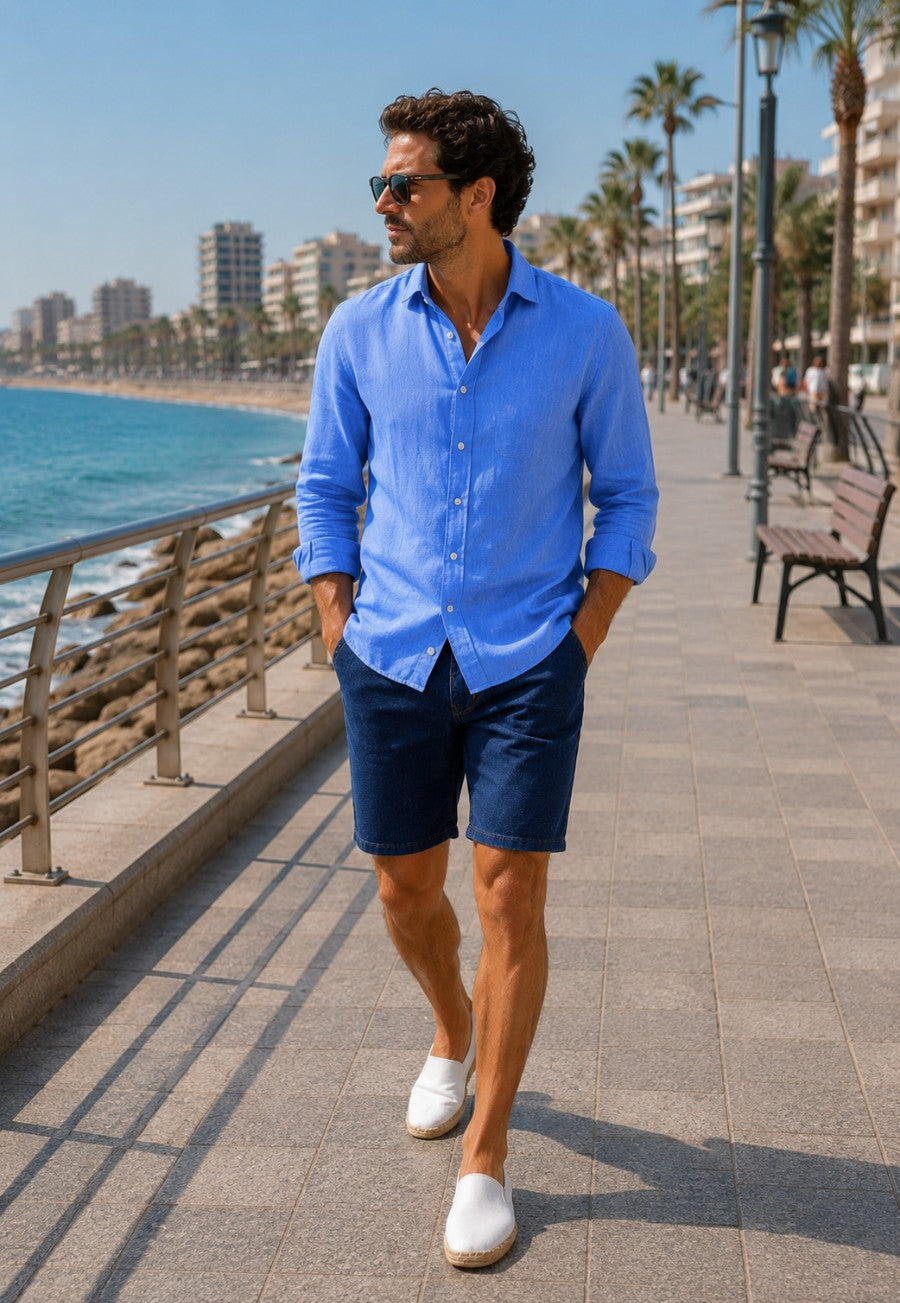 Camisa de lino de sastrería, hecha a mano azul ducado