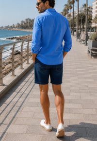 Camisa de lino de sastrería, hecha a mano azul ducado