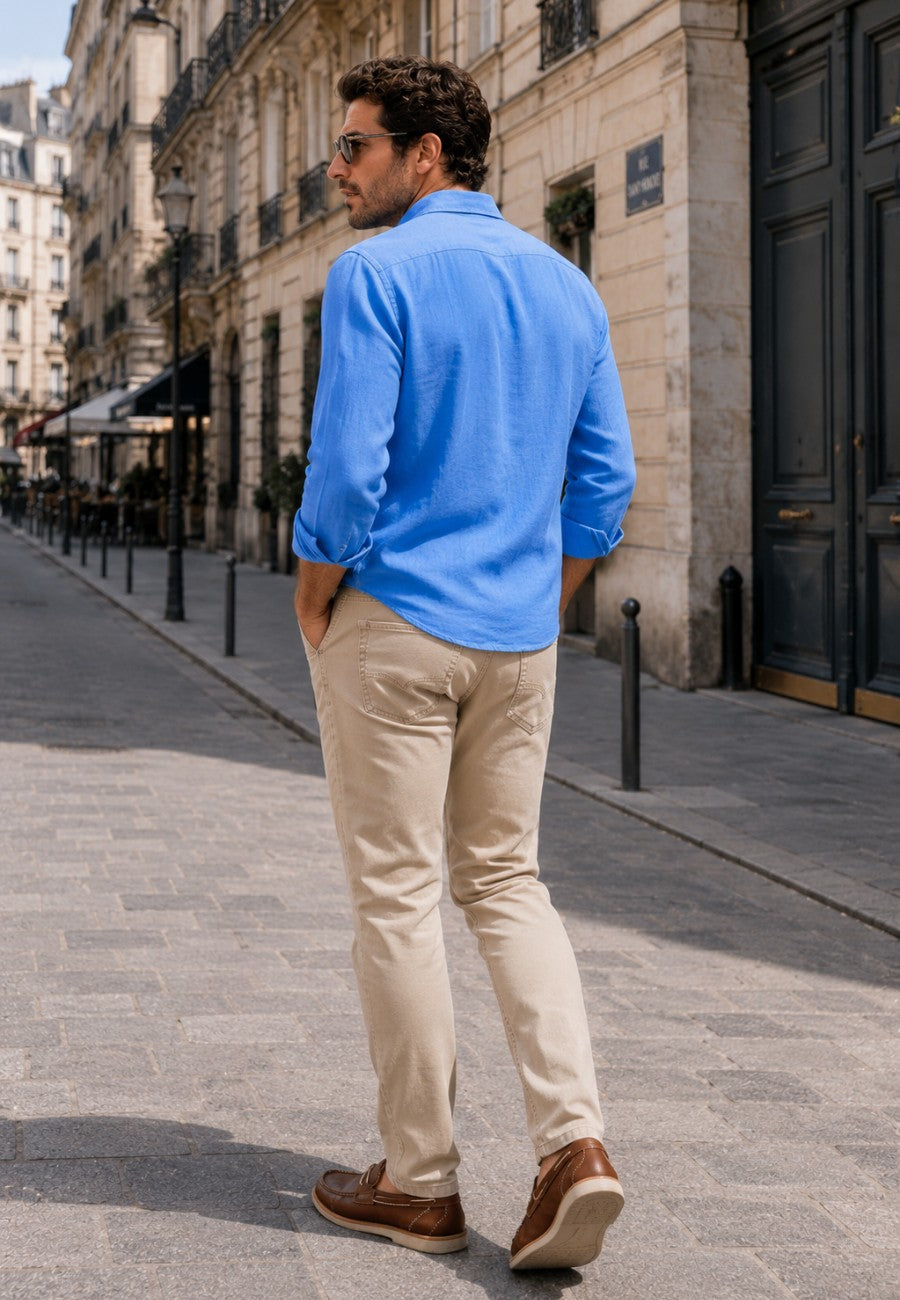 Camisa de lino de sastrería, hecha a mano azul ducado