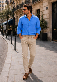 Camisa de lino de sastrería, hecha a mano azul ducado