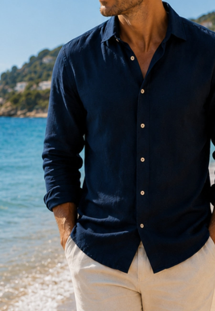 Camisa de lino de sastrería, hecha a mano. Azul Marino
