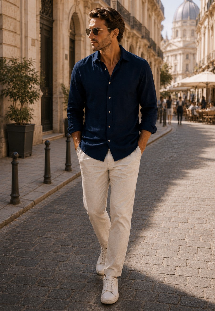 Camisa de lino de sastrería, hecha a mano. Azul Marino