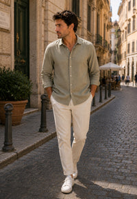 Camisa de lino de sastrería, hecha a mano. Color Caqui