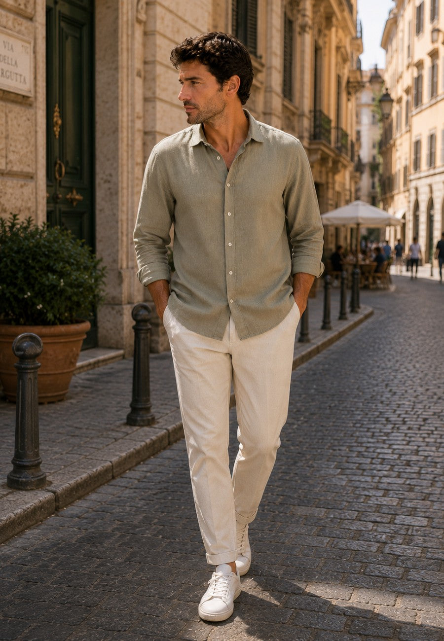 Camisa de lino de sastrería, hecha a mano. Color Caqui