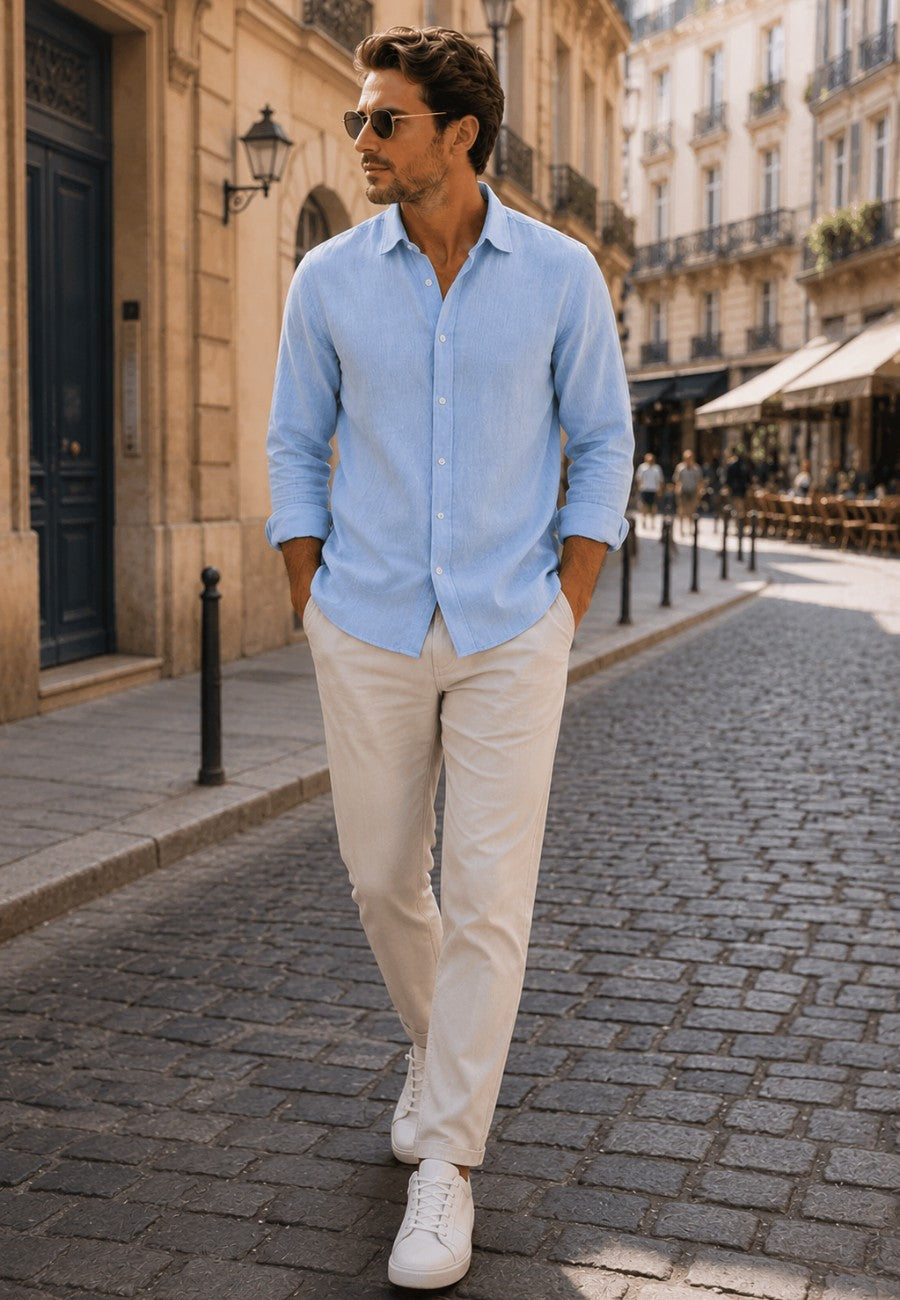 Camisa de lino de sastrería, hecha a mano. Celeste
