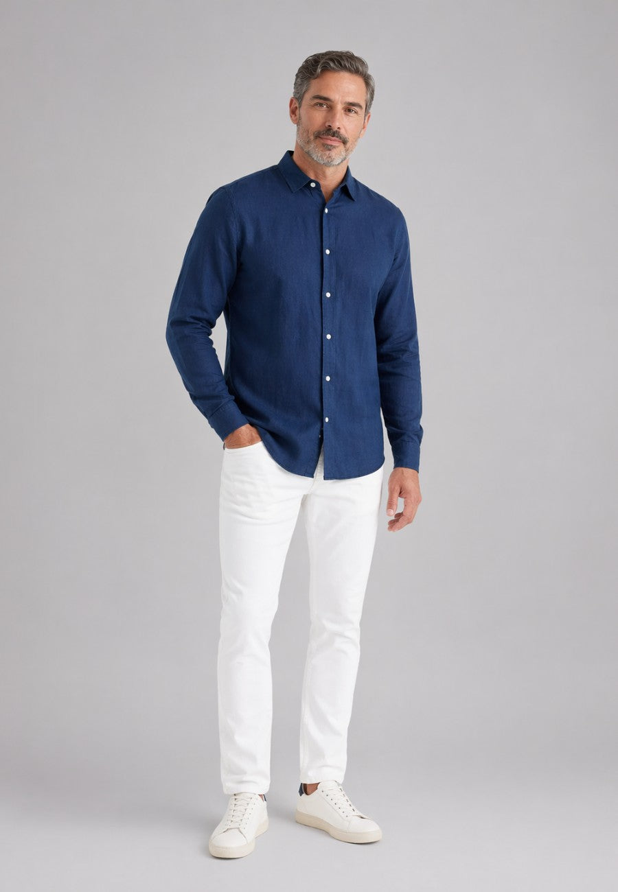 Camisa de corte recto de lino puro en color azul marino
