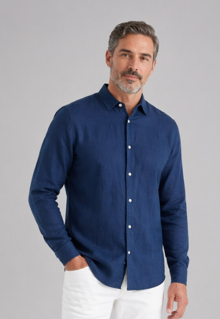 Camisa de corte recto de lino puro en color azul marino