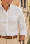 Camisa oxford de sastrería hecha a mano estampado celeste y camel