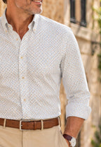 Camisa oxford de sastrería hecha a mano estampado celeste y camel