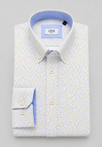 Camisa oxford de sastrería hecha a mano estampado celeste y camel